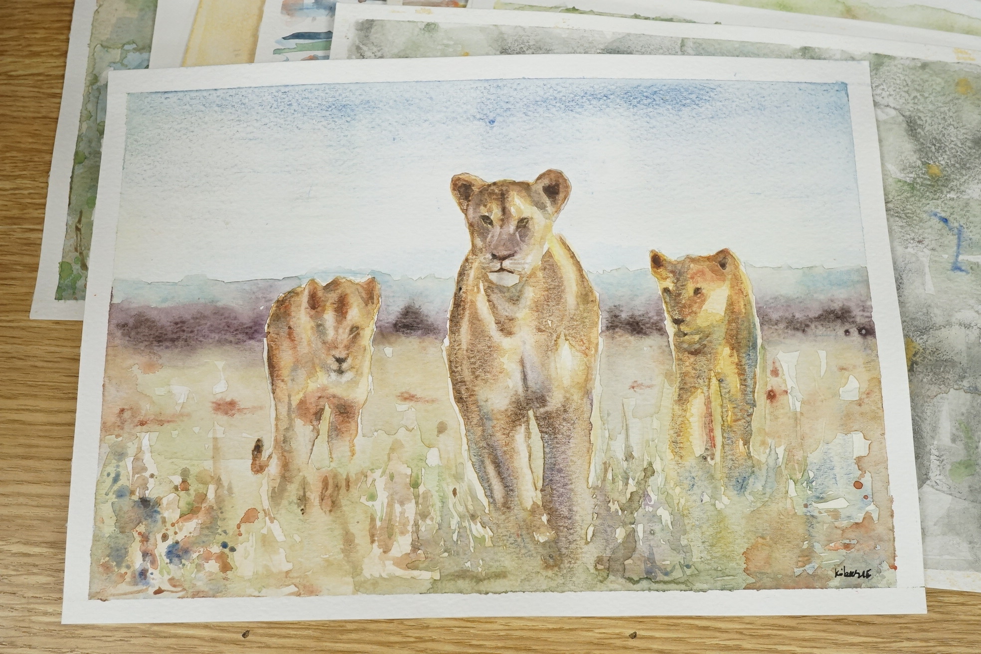 Baris Ali Kibar (Contemporary), ten watercolours on card, Wildlife to include ducks, horses, kingfisher and African wildlife, some signed, unframed, 21 x 29cm. Condition - fair